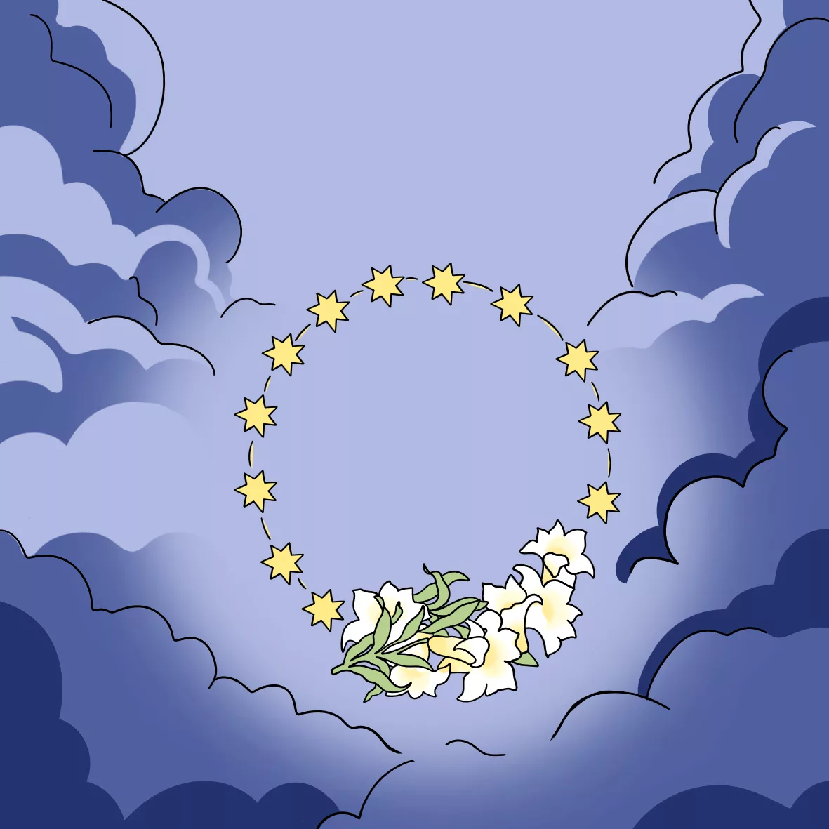 Carte Memoriale : la couronne de douze étoiles et les lys, symbole de Marie